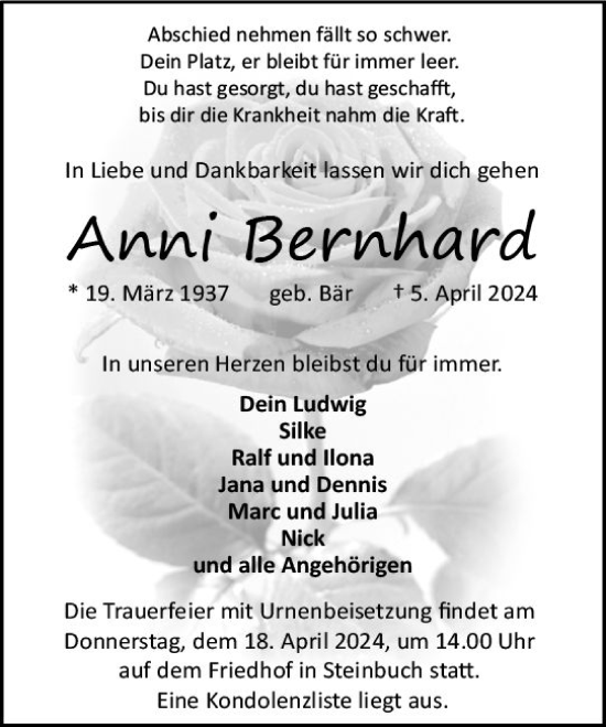 Traueranzeige von Anni Bernhard von Odenwälder Echo
