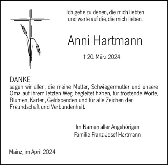 Traueranzeige von Anni Hartmann von Allgemeine Zeitung Mainz