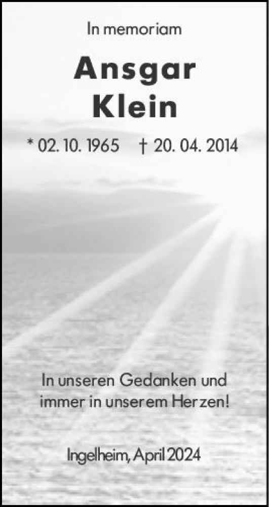  Traueranzeige für Ansgar Klein vom 20.04.2024 aus Allgemeine Zeitung Bingen/Ingelheim