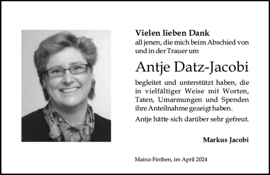Traueranzeige von Antje Datz-Jacobi von Allgemeine Zeitung Mainz