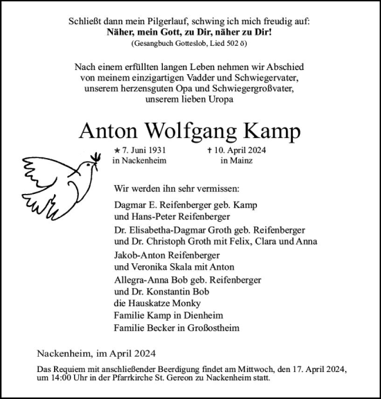 Traueranzeige von Anton Wolfgang Kamp von Allgemeine Zeitung Mainz