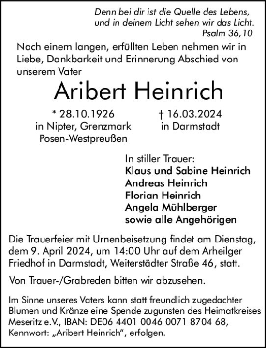Traueranzeige von Aribert Heinrich von Darmstädter Echo