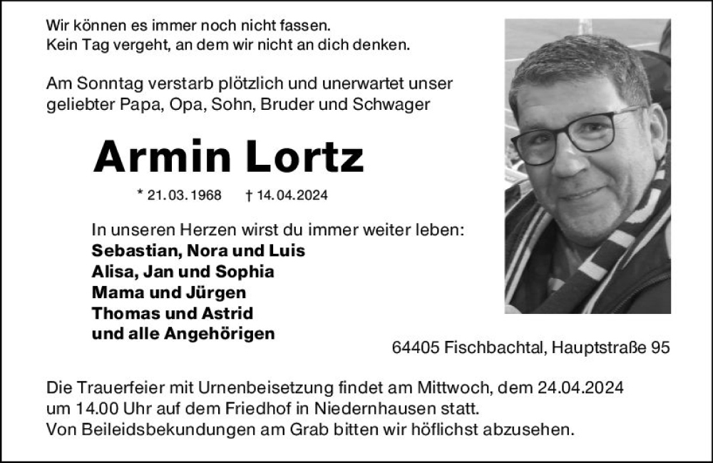  Traueranzeige für Armin Lortz vom 20.04.2024 aus Darmstädter Echo