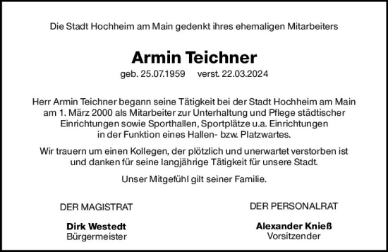 Traueranzeige von Armin Teichner von Hochheimer Zeitung