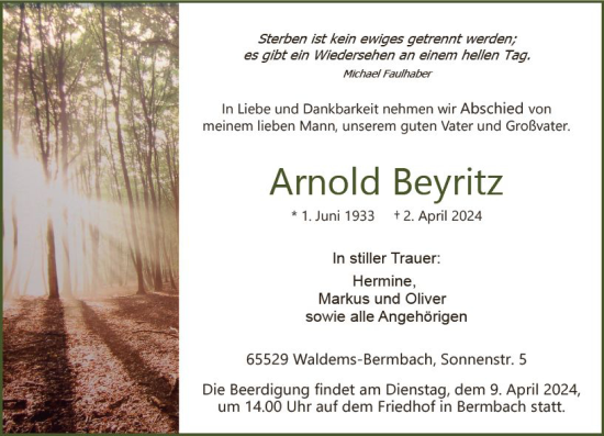 Traueranzeige von Arnold Beyritz von Idsteiner Land/Untertaunus