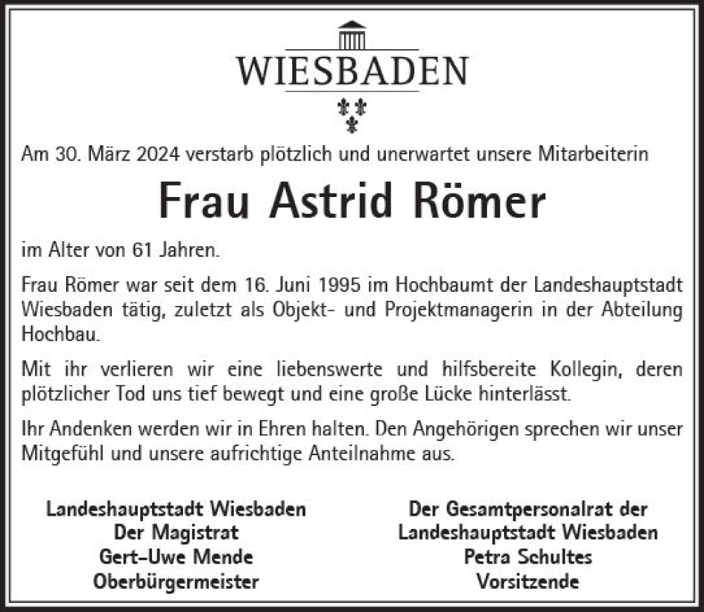  Traueranzeige für Astrid Römer vom 27.04.2024 aus Wiesbadener Kurier