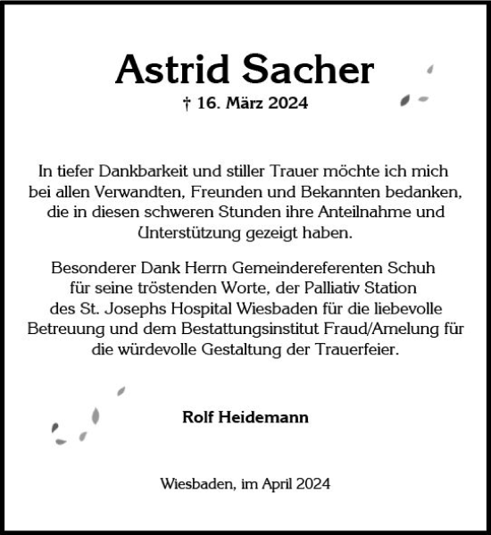 Traueranzeige von Astrid Sacher von Wiesbadener Kurier