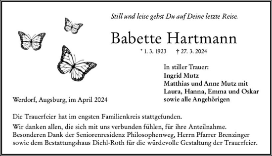Traueranzeige von Babette Hartmann von Wetzlarer Neue Zeitung