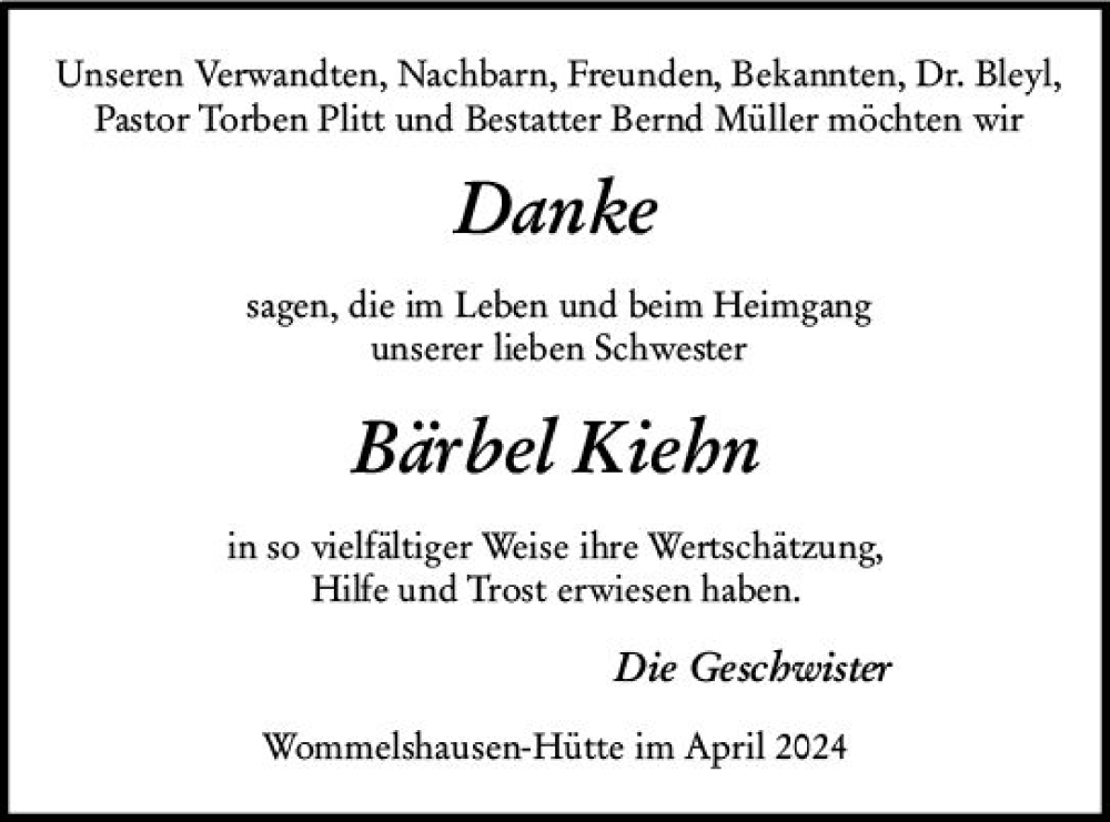  Traueranzeige für Bärbel Kiehn vom 27.04.2024 aus Hinterländer Anzeiger