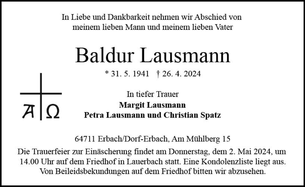  Traueranzeige für Baldur Lausmann vom 29.04.2024 aus Odenwälder Echo