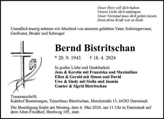 Traueranzeige von Bernd Bistritschan von Darmstädter Echo