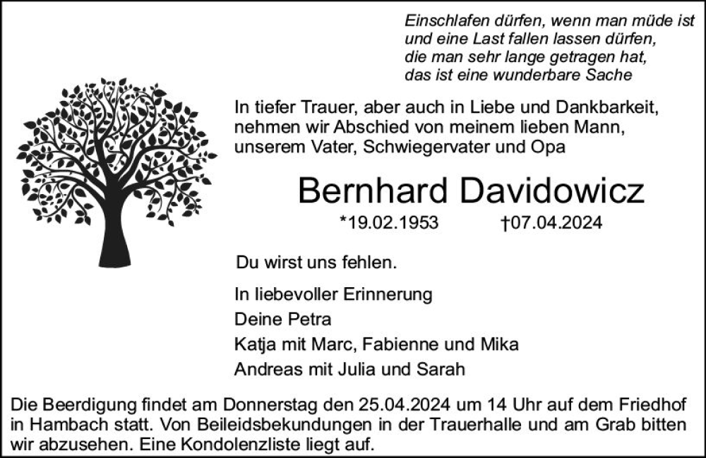  Traueranzeige für Bernhard Davidowicz vom 20.04.2024 aus Starkenburger Echo