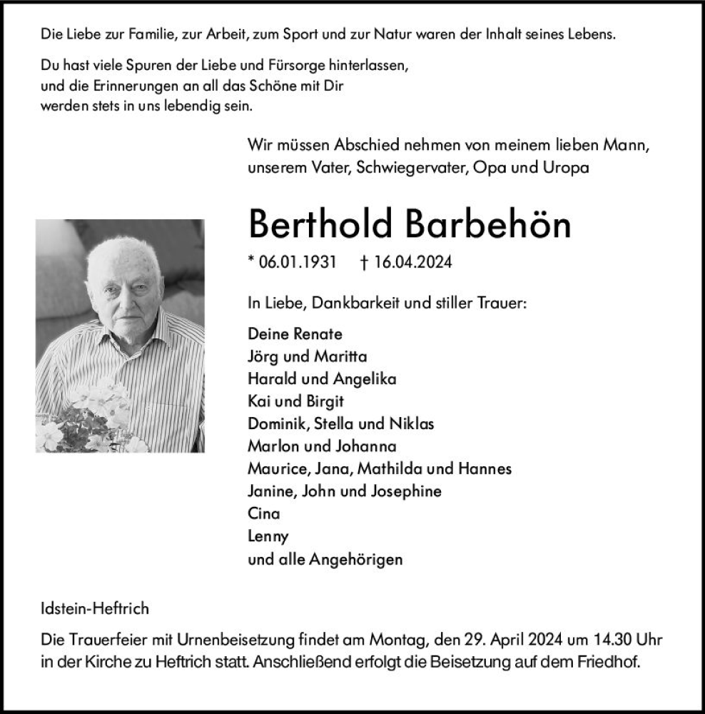  Traueranzeige für Berthold Barbehön vom 20.04.2024 aus Idsteiner Land/Untertaunus