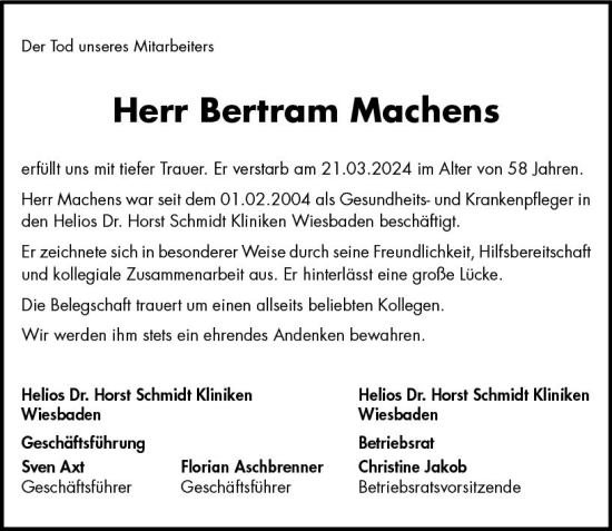 Traueranzeige von Bertram Machens von Wiesbadener Kurier
