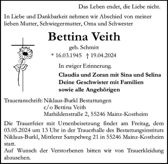 Traueranzeige von Bettina Veith von Allgemeine Zeitung Mainz