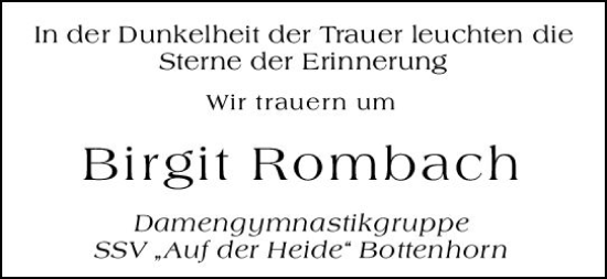 Traueranzeige von Birgit Rombach von Hinterländer Anzeiger