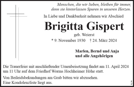 Traueranzeige von Brigitta Gispert von Wormser Zeitung
