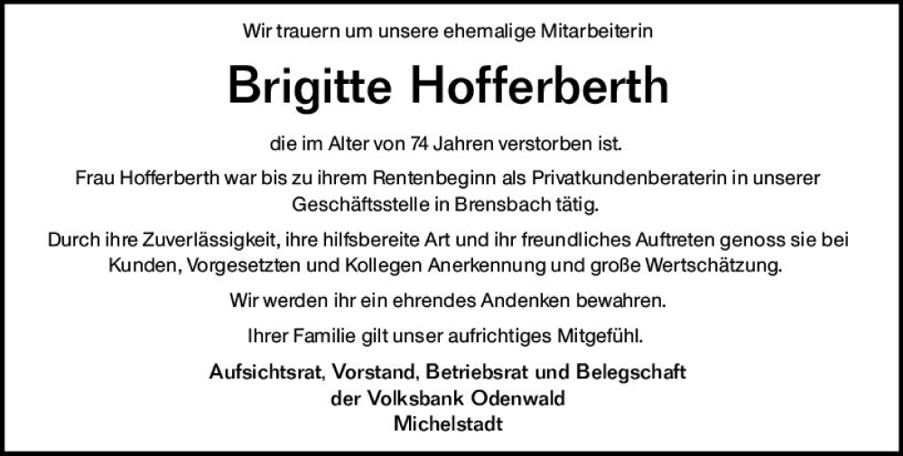  Traueranzeige für Brigitte Hofferberth vom 20.04.2024 aus Odenwälder Echo