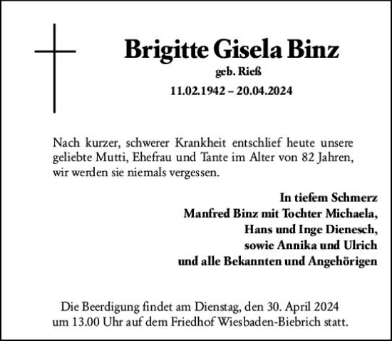 Traueranzeige von Brigitte Gisela Binz von Wiesbadener Kurier