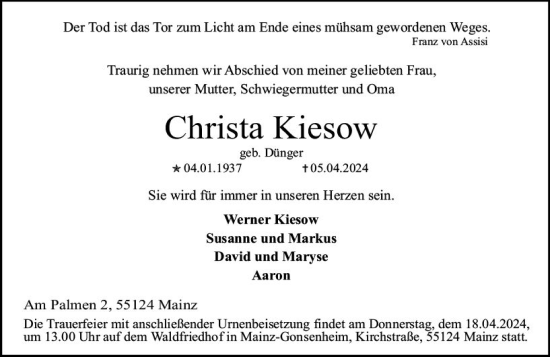 Traueranzeige von Christa Kiesow von Allgemeine Zeitung Mainz