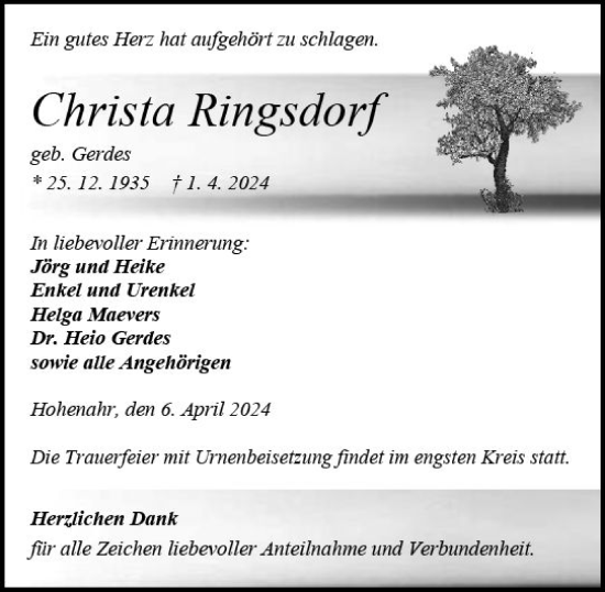 Traueranzeige von Christa Ringsdorf von Wetzlarer Neue Zeitung