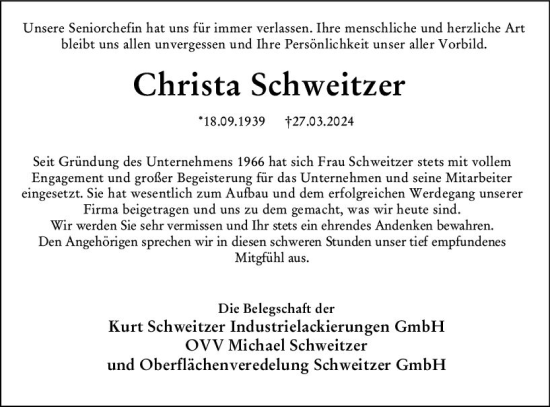 Traueranzeige von Christa Schweitzer von Weilburger Tageblatt
