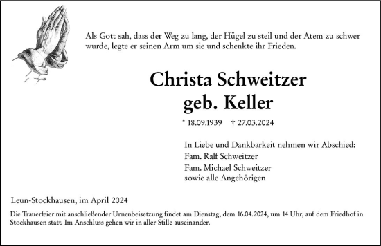 Traueranzeige von Christa Schweitzer von Wetzlarer Neue Zeitung