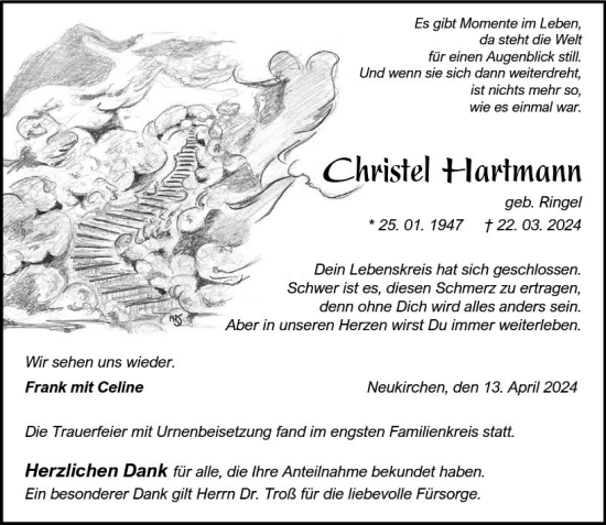 Traueranzeige von Christel Hartmann von Wetzlarer Neue Zeitung