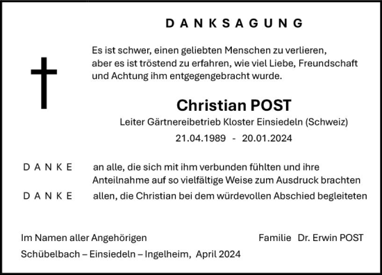 Traueranzeige von Christian Post von Allgemeine Zeitung Bingen/Ingelheim