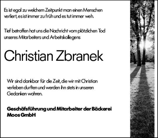 Traueranzeige von Christian Zbranek von Dill Block