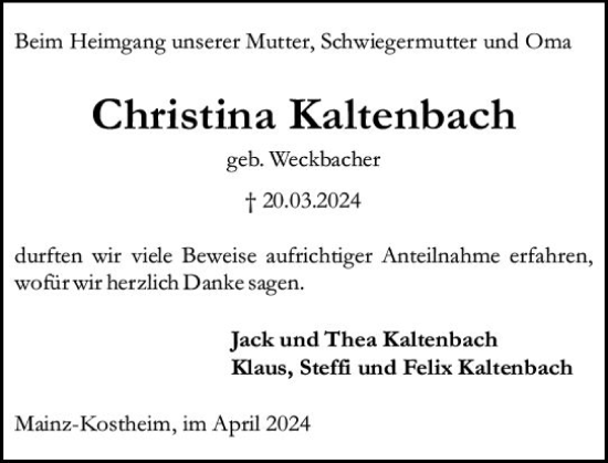 Traueranzeige von Christina Kaltenbach von Allgemeine Zeitung Mainz