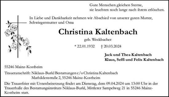 Traueranzeige von Christina Kaltenbach von Allgemeine Zeitung Mainz