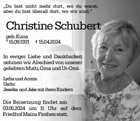 Traueranzeige von Christine Schubert von Allgemeine Zeitung Mainz