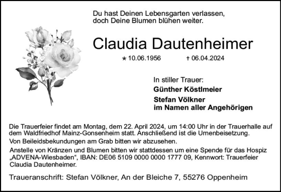 Traueranzeige von Claudia Dautenheimer von Allgemeine Zeitung Mainz