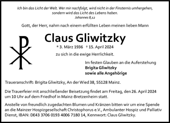 Traueranzeige von Claus Gliwitzky von Allgemeine Zeitung Mainz