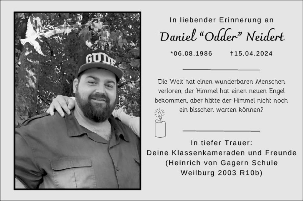  Traueranzeige für Daniel Neidert vom 24.04.2024 aus Weilburger Tageblatt
