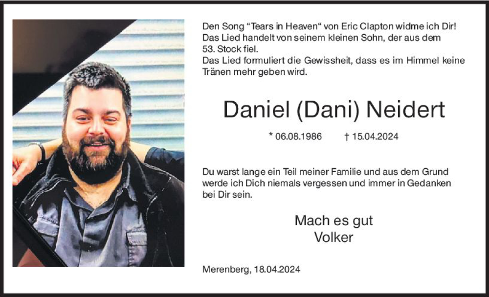  Traueranzeige für Daniel Neidert vom 20.04.2024 aus Weilburger Tageblatt