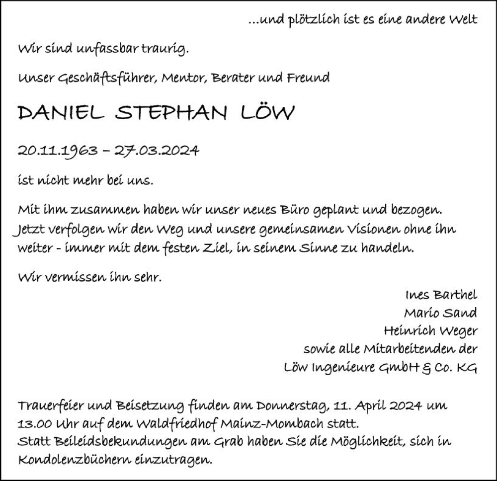  Traueranzeige für Daniel Stephan Löw vom 06.04.2024 aus Wiesbadener Kurier