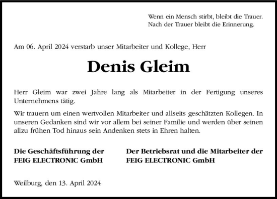 Traueranzeige von Denis Gleim von Weilburger Tageblatt