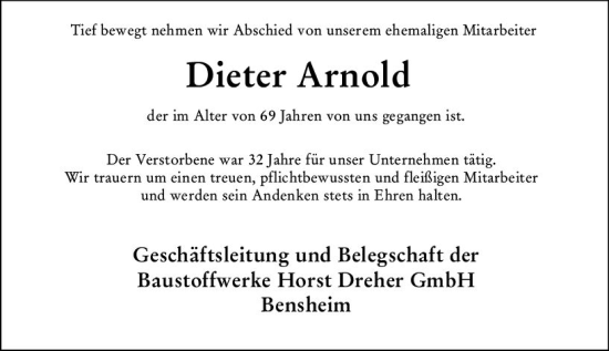 Traueranzeige von Dieter Arnold von Wormser Zeitung