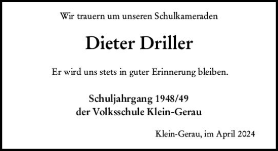 Traueranzeige von Dieter Driller von Groß-Gerauer Echo