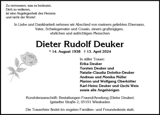 Traueranzeige von Dieter Rudolf Deuker von Wiesbadener Kurier