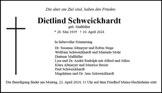 Traueranzeige von Dietlind Schweickhardt von Allgemeine Zeitung Mainz