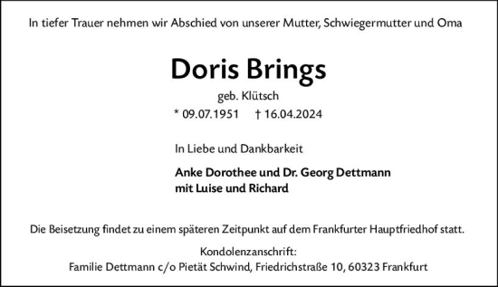 Traueranzeige von Doris Brings von Allgemeine Zeitung Mainz