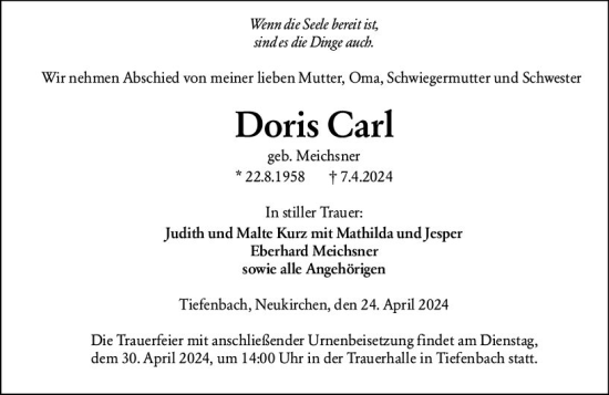 Traueranzeige von Doris Carl von Wetzlarer Neue Zeitung