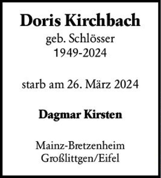 Traueranzeige von Doris Kirchbach von Allgemeine Zeitung Mainz