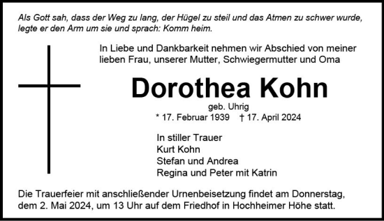 Traueranzeige von Dorothea Kohn von Wormser Zeitung