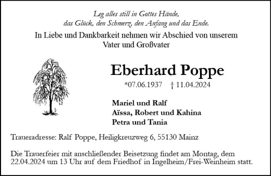 Traueranzeige von Eberhard Poppe von Allgemeine Zeitung Bingen/Ingelheim
