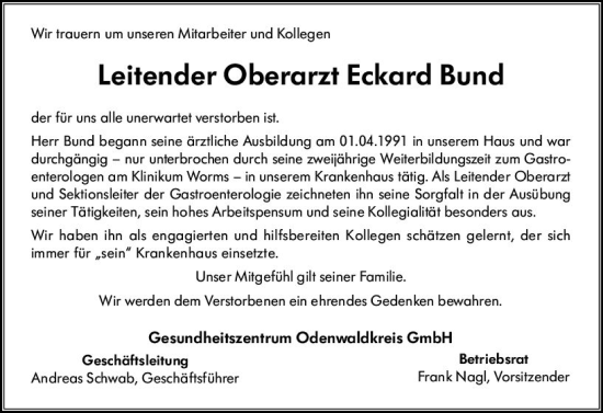 Traueranzeige von Eckard Bund von Odenwälder Echo