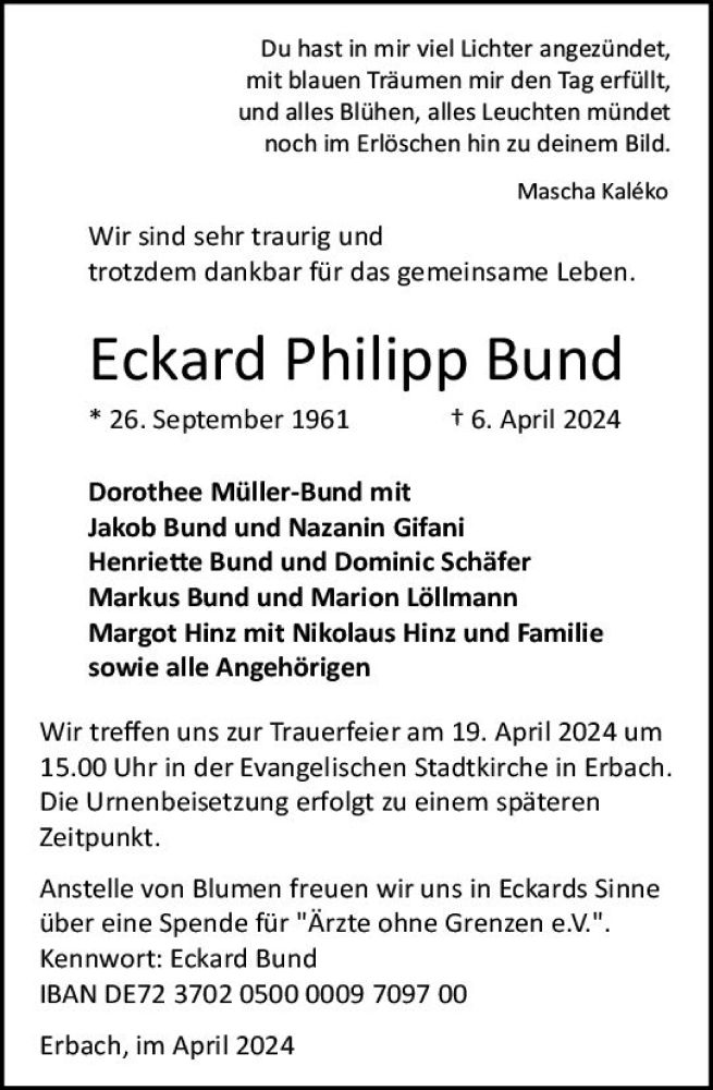  Traueranzeige für Eckard Philipp Bund vom 13.04.2024 aus Starkenburger Echo
